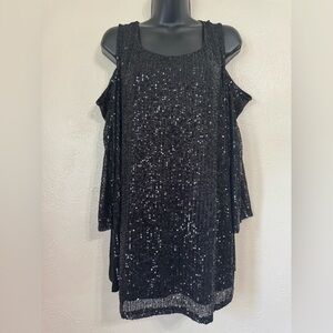 JM Collection Black Sequin Cold-Shoulder Top 0511